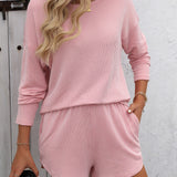 Double Take Round Neck Long Sleeve Top and Shorts Set