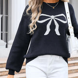 Bow Graphic Round Neck Long Sleeve Sweater