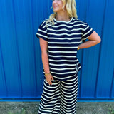 Striped Rib Short Sleeve Set - Navy