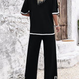 Contrast Trim Round Neck Top and Pants Set