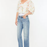 Kancan Mid Rise Frayed Hem Straight Jeans