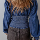 Smocked Long Sleeve Denim Top