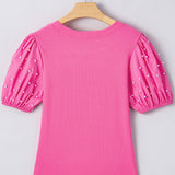 Pearl Detail Round Neck Puff Sleeve Blouse