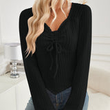 Ribbed Drawstring Long Sleeve T-Shirt