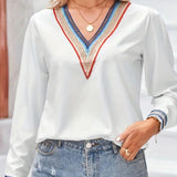 Contrast V-Neck Long Sleeve Blouse