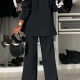 Full Size Contrast Lapel Collar Top and Pants Set