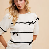 Annie Wear Striped Bow Round Neck Knit Top