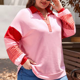 Plus Size Color Block Johnny Collar Long Sleeve Sweatshirt