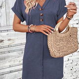 Quarter Button V-Neck Short Sleeve Dress