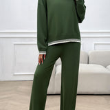 Round Neck Dropped Shoulder Top and Pants Sweater Set