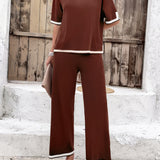 Contrast Trim Round Neck Top and Pants Set