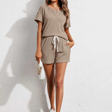 Notched Short Sleeve Top and Shorts Set