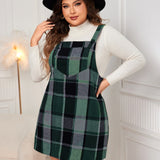 Plus Size Plaid Wide Strap Overall Dress