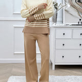 Devine Slit Striped Round Neck Top and Pants Sweater Set