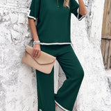 Contrast Trim Round Neck Top and Pants Set