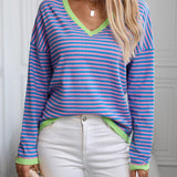 Contrast Trim Striped V-Neck Long Sleeve Knit Top