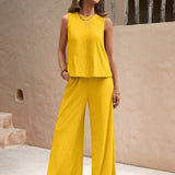 Round Neck Sleeveless Top and Wide Leg Pants Set