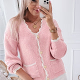 Contrast Trim V-Neck Long Sleeve Cardigan