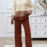 Devine Slit Striped Round Neck Top and Pants Sweater Set