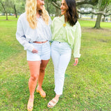 Seersucker Stripe Pocket Bubble Button Up Top- Tan