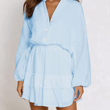 Ruffled Notched Balloon Sleeve Mini Dress