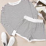 Striped Round Neck Long Sleeve Top and Shorts Set