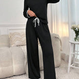 Contrast Trim Notched Long Sleeve Top and Pants Lounge Set