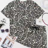 Leopard Round Neck Top and Shorts Set