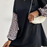 Perfee Leopard Print Sleeve Sweatshirt Dress