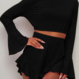 Round Neck Long Sleeve Top and Ruffled Shorts Set