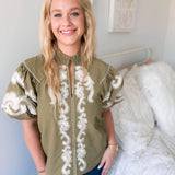 Embroidered For You Top - Olive