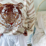 Queen of Sparkles White & Tan Tiger Face Tiger Head Long Sleeve Sweater