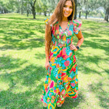 Lanai Multi Tropics Sunfire Smocked Bodice Tiered Midi Dress