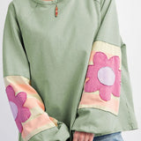 Flower Patch Round Neck Balloon Sleeve Top