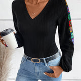 V-Neck Crochet Long Sleeve Top