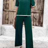 Contrast Trim Round Neck Top and Pants Set