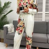 Shiny Printed Round Neck Top and Pants Lounge Set