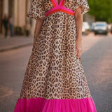 Full Size Leopard V-Neck Half Sleeve Maxi Dress