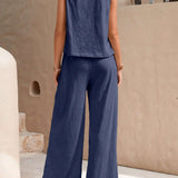 Round Neck Sleeveless Top and Wide Leg Pants Set