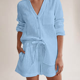 Notched Long Sleeve Top and Shorts Set