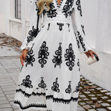 Ruffled Printed Plunge Long Sleeve Dress