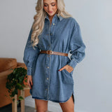 Button Up Collared Neck Long Sleeve Denim Dress