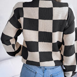 Checkered Mock Neck Long Sleeve Sweater