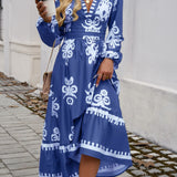 Ruffled Printed Plunge Long Sleeve Dress