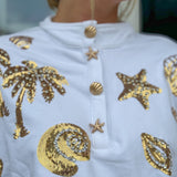 White & Gold Shell Henley Sweatshirt