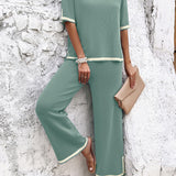 Contrast Trim Round Neck Top and Pants Set