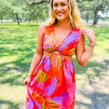 Tropical Vneck Cut-Out Maxi Dress- Fuschia