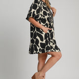 Umgee Full Size Two Tone Abstract Print Puff Sleeve Dress Plus Size