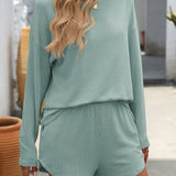 Double Take Round Neck Long Sleeve Top and Shorts Set