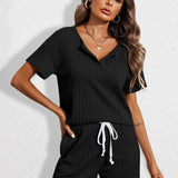 Notched Short Sleeve Top and Shorts Set